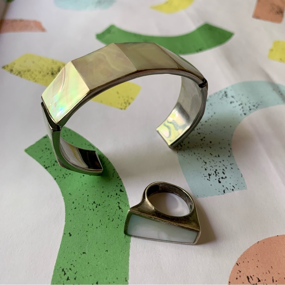 Mother of Pearl Inlay Cuff Bracelet Silver Statement Ring Set - Picture 2 of 12